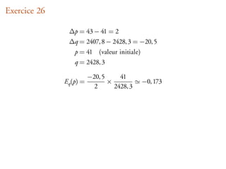 Exercice 26

               ∆p = 43 − 41 = 2
               ∆q = 2407, 8 − 2428, 3 = −20, 5
                  p = 41     (valeur initiale)
                  q = 2428, 3

                         −20, 5     41
              Eq (p) =          ×                −0, 173
                           2      2428, 3
 