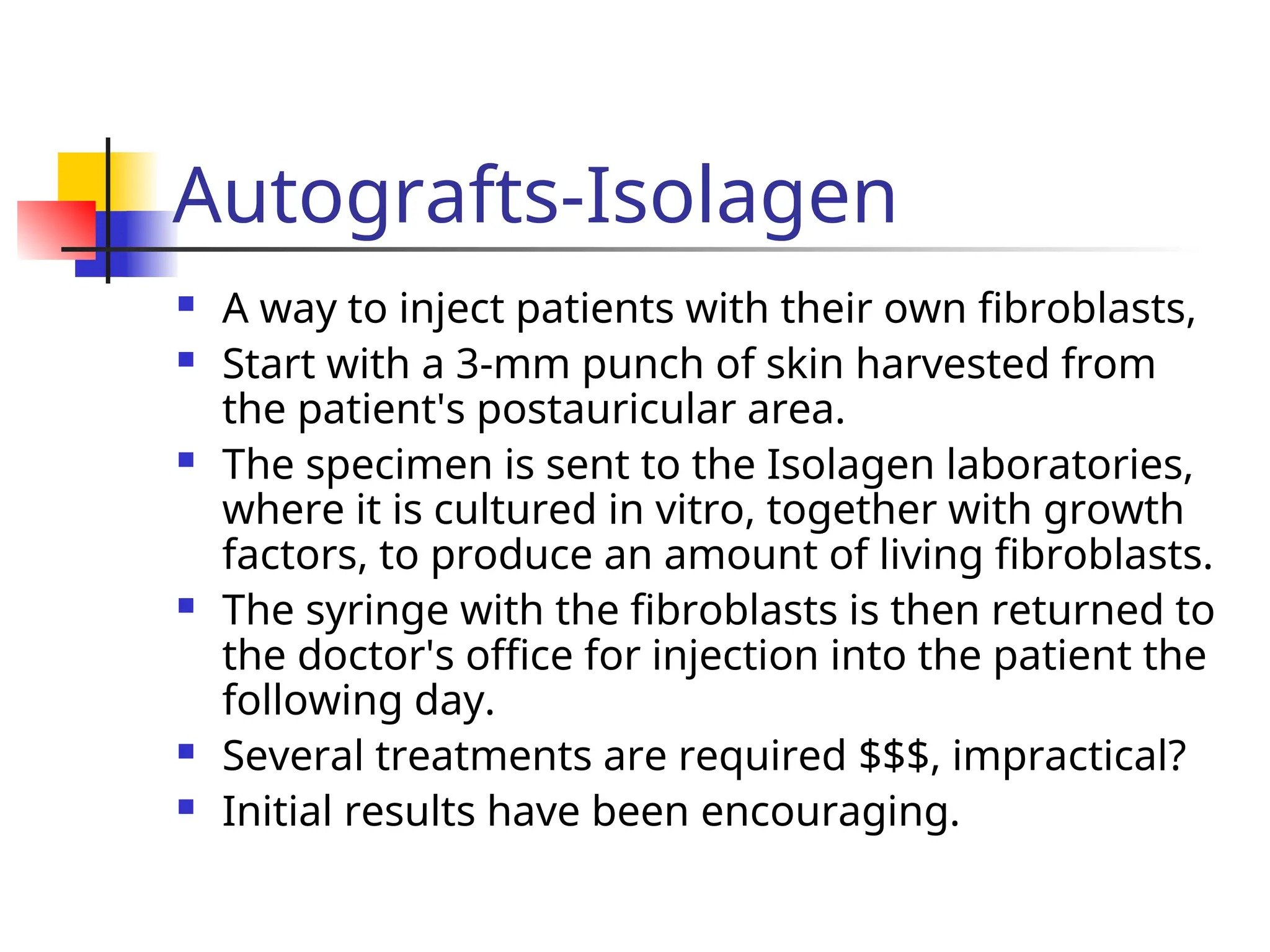 Autografts-Isolagen
 A way to inject patients with their own fibroblasts,
 Start with a 3-mm punch of skin harvested from
the patient's postauricular area.
 The specimen is sent to the Isolagen laboratories,
where it is cultured in vitro, together with growth
factors, to produce an amount of living fibroblasts.
 The syringe with the fibroblasts is then returned to
the doctor's office for injection into the patient the
following day.
 Several treatments are required $$$, impractical?
 Initial results have been encouraging.
 