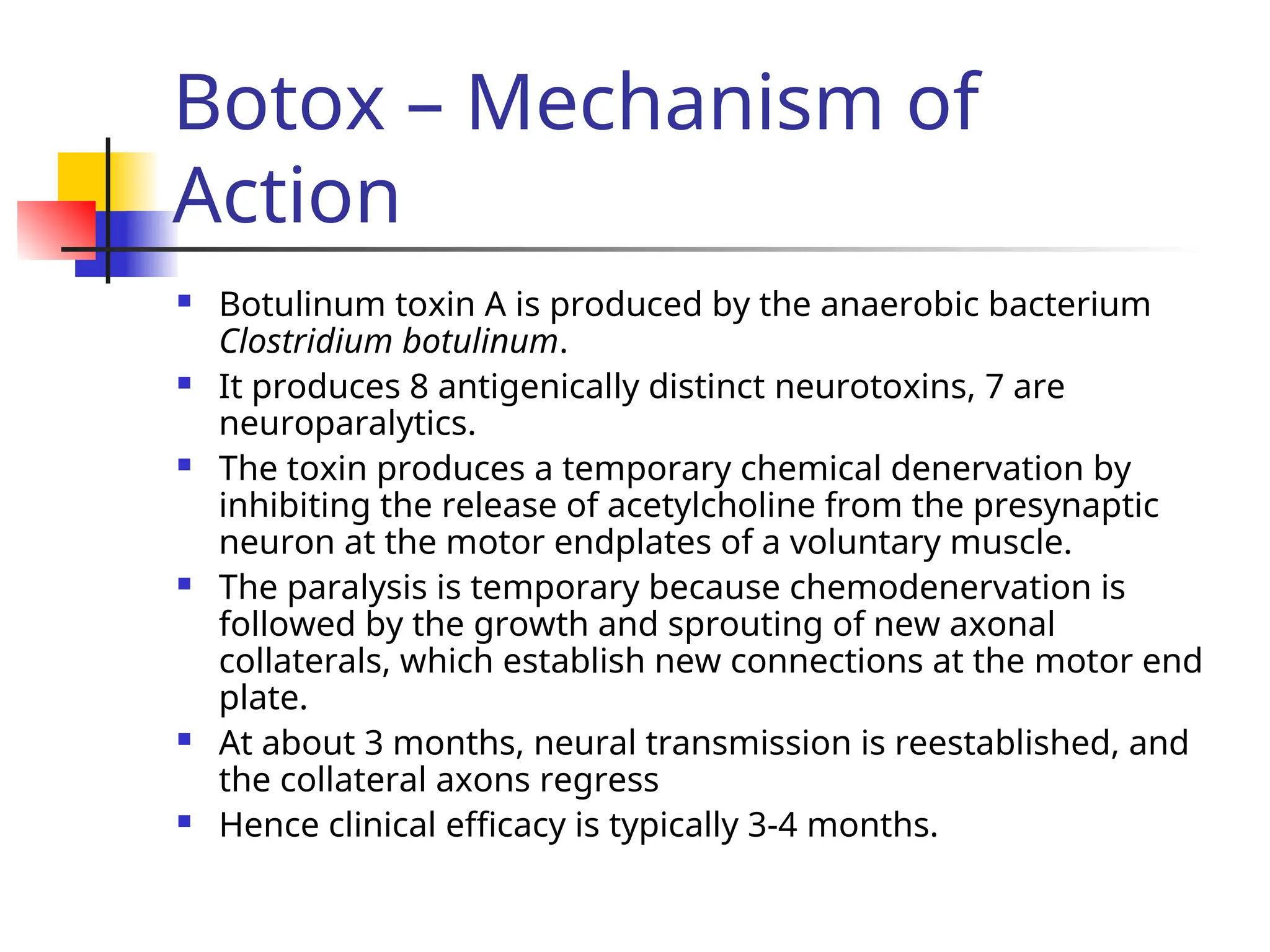 Botox – Mechanism of
Action
 Botulinum toxin A is produced by the anaerobic bacterium
Clostridium botulinum.
 It produces 8 antigenically distinct neurotoxins, 7 are
neuroparalytics.
 The toxin produces a temporary chemical denervation by
inhibiting the release of acetylcholine from the presynaptic
neuron at the motor endplates of a voluntary muscle.
 The paralysis is temporary because chemodenervation is
followed by the growth and sprouting of new axonal
collaterals, which establish new connections at the motor end
plate.
 At about 3 months, neural transmission is reestablished, and
the collateral axons regress
 Hence clinical efficacy is typically 3-4 months.
 