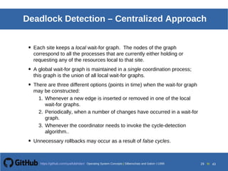 Operating System Concepts Silberschatz and Galvin199918.29
Operating System Concepts Silberschatz and Galvin19995.29Operating System Concepts Silberschatz and Galvin 19994.29
29 toOperating System Concepts | Silberschatz and Galvin 1999https://github.com/syaifulahdan/ 43
Deadlock Detection – Centralized Approach
• Each site keeps a local wait-for graph. The nodes of the graph
correspond to all the processes that are currently either holding or
requesting any of the resources local to that site.
• A global wait-for graph is maintained in a single coordination process;
this graph is the union of all local wait-for graphs.
• There are three different options (points in time) when the wait-for graph
may be constructed:
1. Whenever a new edge is inserted or removed in one of the local
wait-for graphs.
2. Periodically, when a number of changes have occurred in a wait-for
graph.
3. Whenever the coordinator needs to invoke the cycle-detection
algorithm..
• Unnecessary rollbacks may occur as a result of false cycles.
 