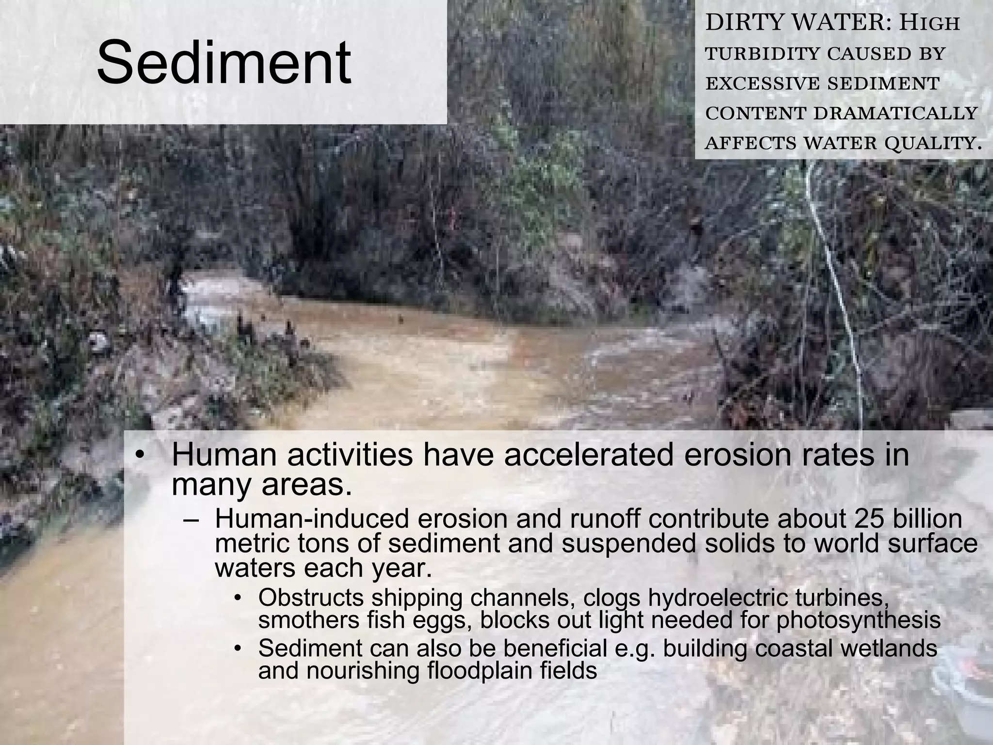 Sediment Human activities have accelerated erosion rates in many areas. Human-induced erosion and runoff contribute about 25 billion metric tons of sediment and suspended solids to world surface waters each year. Obstructs shipping channels, clogs hydroelectric turbines, smothers fish eggs, blocks out light needed for photosynthesis Sediment can also be beneficial e.g. building coastal wetlands and nourishing floodplain fields DIRTY WATER: High turbidity caused by excessive sediment content dramatically affects water quality.  