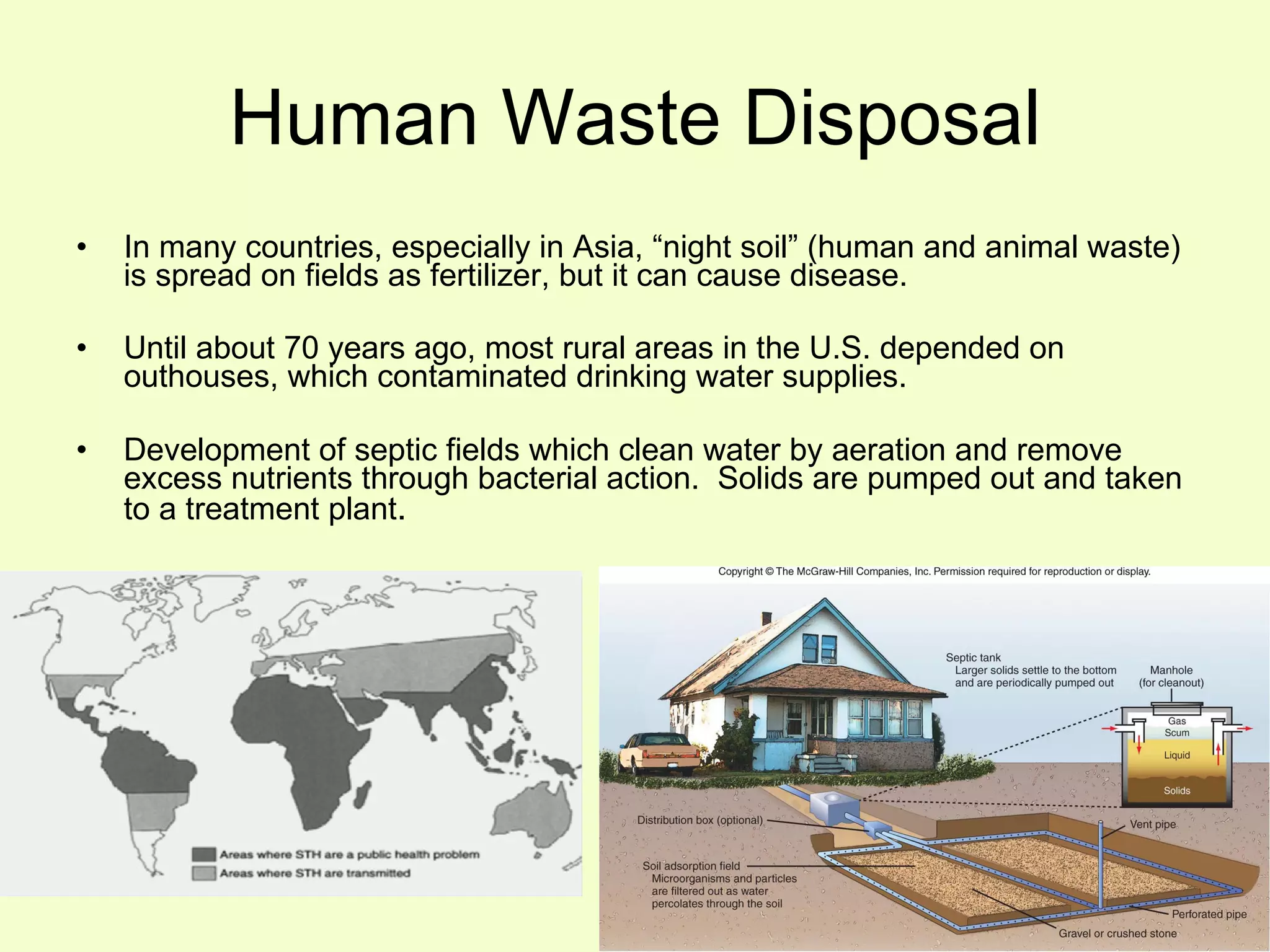 Human Waste Disposal In many countries, especially in Asia, “night soil” (human and animal waste) is spread on fields as fertilizer, but it can cause disease. Until about 70 years ago, most rural areas in the U.S. depended on outhouses, which contaminated drinking water supplies. Development of septic fields which clean water by aeration and remove excess nutrients through bacterial action.  Solids are pumped out and taken to a treatment plant . 