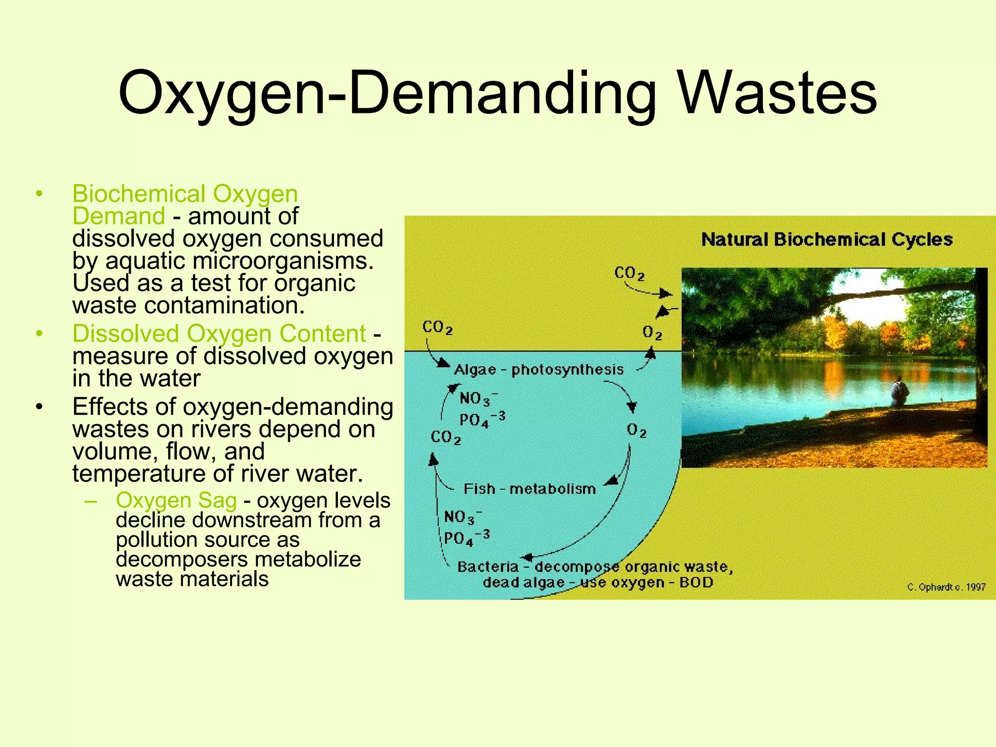 Oxygen-Demanding Wastes Biochemical Oxygen Demand  - amount of dissolved oxygen consumed by aquatic microorganisms.  Used as a test for organic waste contamination. Dissolved Oxygen Content  - measure of dissolved oxygen in the water Effects of oxygen-demanding wastes on rivers depend on volume, flow, and temperature of river water. Oxygen Sag  - oxygen levels decline downstream from a pollution source as decomposers metabolize waste materials 