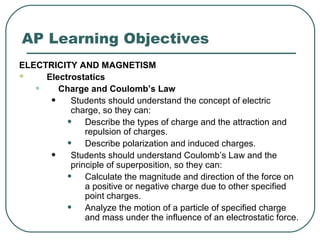 AP Learning Objectives
ELECTRICITY AND MAGNETISM
 Electrostatics
• Charge and Coulomb’s Law
• Students should understand ...
