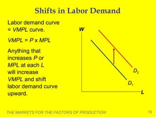 Shifts in Labor Demand
Labor demand curve
= VMPL curve.

W

VMPL = P x MPL
Anything that
increases P or
MPL at each L
will increase
VMPL and shift
labor demand curve
upward.
THE MARKETS FOR THE FACTORS OF PRODUCTION

D2
D1
L

19

 