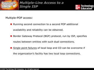 Multiple-Line Access to a
          Single ISP


Multiple-POP access:

     Running second connection to a second POP additional

     availability and reliability can be obtained.

     Border Gateway Protocol (BGP) protocol, run by ISP, specifies

     routes between entities with such dual connections.

     Single point failures of local loop and CO can be overcome if

     the organization’s facility has two local loop connections.
 