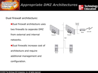 Appropriate DMZ Architectures


Dual firewall architecture:

     Dual firewall architecture uses

    two firewalls to separate DMZ

    from external and internal

    networks.

     Dual firewalls increase cost of

    architecture and require

    additional management and

    configuration.
 