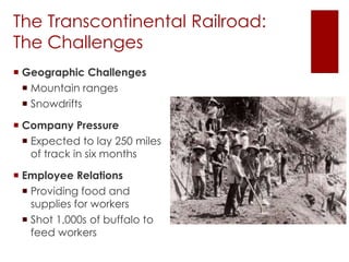 The Transcontinental Railroad: 
The Challenges 
 Geographic Challenges 
 Mountain ranges 
 Snowdrifts 
 Company Pressure 
 Expected to lay 250 miles 
of track in six months 
 Employee Relations 
 Providing food and 
supplies for workers 
 Shot 1,000s of buffalo to 
feed workers 
 