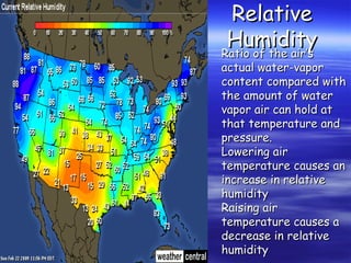 Relative
Humidity
Ratio of the air’s

actual water-vapor
content compared with
the amount of water
vapor air can hold at
that temperature and
pressure.
Lowering air
temperature causes an
increase in relative
humidity
Raising air
temperature causes a
decrease in relative
humidity

 