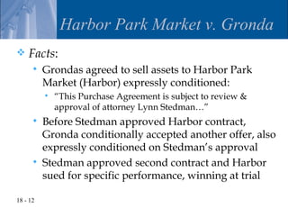 Harbor Park Market v. Gronda
   Facts:
         Grondas agreed to sell assets to Harbor Park
          Market (Harbor) expressly conditioned:
             “This Purchase Agreement is subject to review &
              approval of attorney Lynn Stedman…”
         Before Stedman approved Harbor contract,
          Gronda conditionally accepted another offer, also
          expressly conditioned on Stedman’s approval
         Stedman approved second contract and Harbor
          sued for specific performance, winning at trial

18 - 12
 
