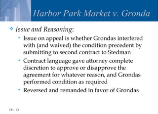Harbor Park Market v. Gronda
   Issue and Reasoning:
         Issue on appeal is whether Grondas interfered
          with (and waived) the condition precedent by
          submitting to second contract to Stedman
         Contract language gave attorney complete
          discretion to approve or disapprove the
          agreement for whatever reason, and Grondas
          performed condition as required
         Reversed and remanded in favor of Grondas


18 - 13
 