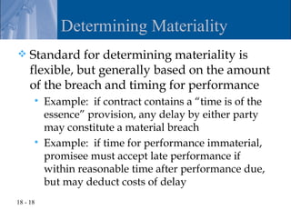 Determining Materiality
    Standard for determining materiality is
     flexible, but generally based on the amount
     of the breach and timing for performance
         Example: if contract contains a “time is of the
          essence” provision, any delay by either party
          may constitute a material breach
         Example: if time for performance immaterial,
          promisee must accept late performance if
          within reasonable time after performance due,
          but may deduct costs of delay
18 - 18
 