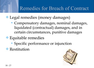 Remedies for Breach of Contract
    Legal remedies (money damages)
         Compensatory damages, nominal damages,
          liquidated (contractual) damages, and in
          certain circumstances, punitive damages
    Equitable remedies
         Specific performance or injunction
    Restitution


18 - 27
 