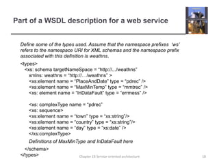 Part of a WSDL description for a web serviceDefine some of the types used. Assume that the namespace prefixes  ‘ws’ refers to the namespace URI for XML schemas and the namespace prefix associated with this definition is weathns. <types><xs: schema targetNameSpace = “http://.../weathns”xmlns: weathns = “http://…/weathns” ><xs:element name = “PlaceAndDate” type = “pdrec” /><xs:element name = “MaxMinTemp” type = “mmtrec” /><xs: element name = “InDataFault” type = “errmess” /><xs: complexType name = “pdrec”<xs: sequence><xs:element name = “town” type = “xs:string”/><xs:element name = “country” type = “xs:string”/><xs:element name = “day” type = “xs:date” /></xs:complexType>Definitions of MaxMinType and InDataFault here</schema></types>18Chapter 19 Service-oriented architecture
