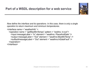 Part of a WSDL description for a web serviceNow define the interface and its operations. In this case, there is only a single operation to return maximum and minimum temperatures.<interface name = “weatherInfo” ><operation name = “getMaxMinTemps” pattern = “wsdlns: in-out”><input messageLabel = “In” element = “weathns: PlaceAndDate” /><output messageLabel = “Out” element = “weathns:MaxMinTemp” /><outfaultmessageLabel = “Out” element = “weathns:InDataFault” /></operation></interface>19Chapter 19 Service-oriented architecture