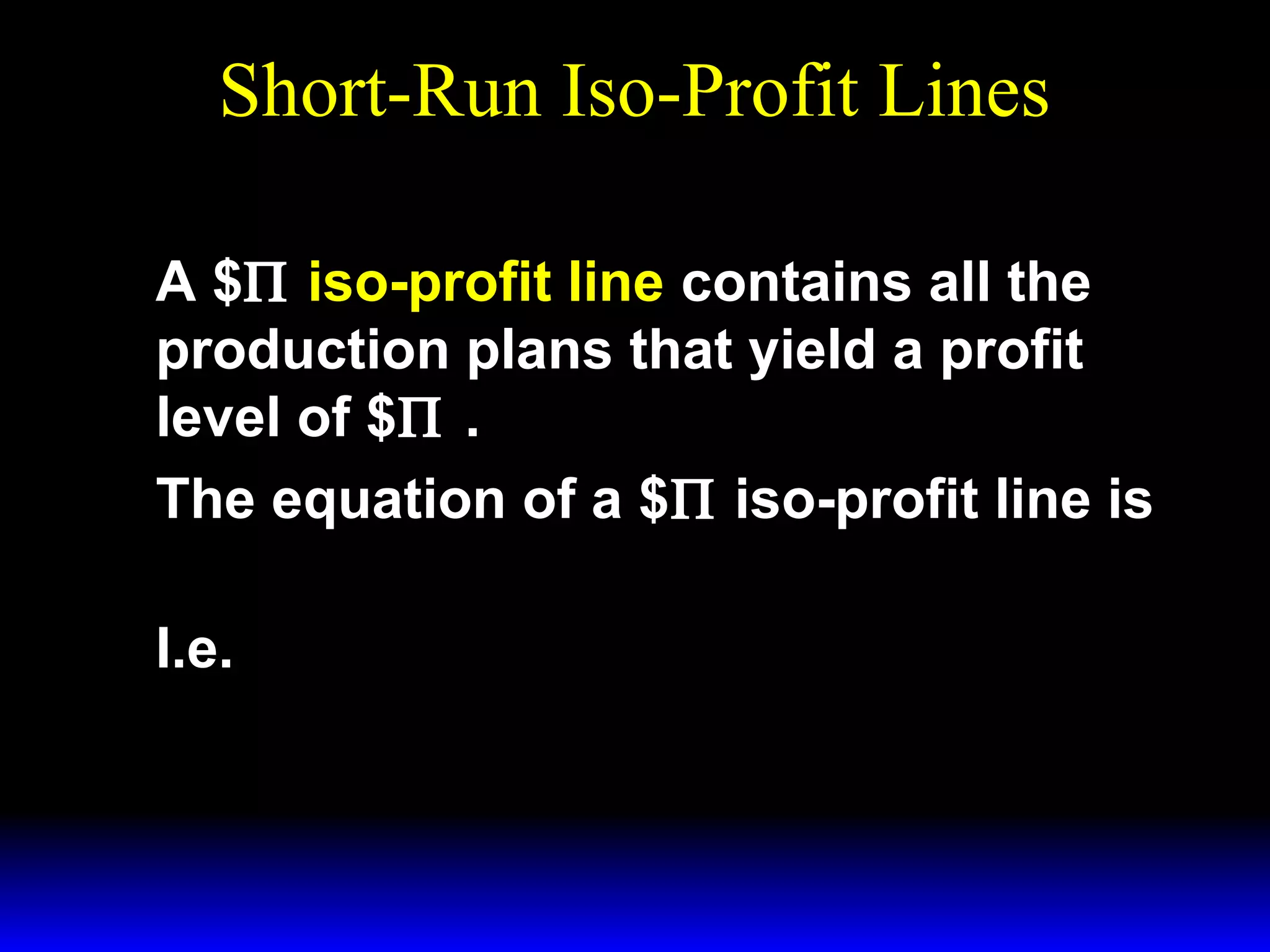 Short-Run Iso-Profit Lines
A $Π iso-profit line contains all the
production plans that yield a profit
level of $Π .
The equation of a $Π iso-profit line is
~ .
Π ≡ py − w 1x1 − w 2x 2
I.e.
~
w1
Π + w 2x 2
y=
x1 +
.

p

p

 