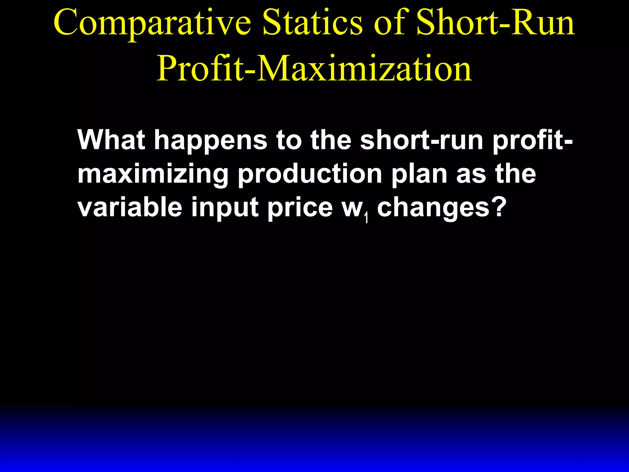 Comparative Statics of Short-Run
Profit-Maximization
What happens to the short-run profitmaximizing production plan as the
variable input price w1 changes?

 