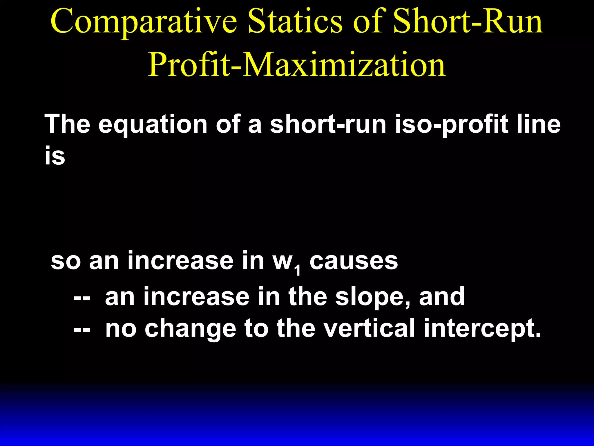 Comparative Statics of Short-Run
Profit-Maximization
The equation of a short-run iso-profit line
~
is
w1
Π + w 2x 2
y=
x1 +

p

p

so an increase in w1 causes
-- an increase in the slope, and
-- no change to the vertical intercept.

 