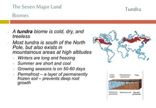 The Seven Major Land
Biomes
• A tundra biome is cold, dry, and
treeless
• Most tundra is south of the North
Pole, but also exists in
mountainous areas at high altitudes
• Winters are long and freezing
• Summer are short and cool
• Growing seasons is on 50-60 days
• Permafrost – a layer of permanently
frozen soil – prevents deep root
growth
Tundra
 
