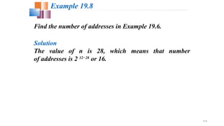 19.26
Find the number of addresses in Example 19.6.
Example 19.8
Solution
The value of n is 28, which means that number
of addresses is 2 32−28
or 16.
 