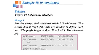 19.39
Solution
Figure 19.9 shows the situation.
Example 19.10 (continued)
Group 1
For this group, each customer needs 256 addresses. This
means that 8 (log2 256) bits are needed to define each
host. The prefix length is then 32 − 8 = 24. The addresses
are
 