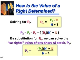 9-19
Solving for RR00.
How is the Value of aHow is the Value of a
Right Determined?Right Determined?
PP00 - SS
NN + 1
RR00 =
PPXX = PP00 - RR00 = [ (RR00)(NN) + SS ]
By substitution for RR00, we can solve the
““ex-rights” value of one share of stock, Pex-rights” value of one share of stock, PXX.
(PP00 )(NN) + SS
NN + 1
PPXX =
 