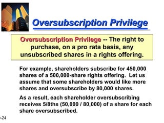 9-24
Oversubscription PrivilegeOversubscription Privilege
For example, shareholders subscribe for 450,000
shares of a 500,000-share rights offering. Let us
assume that some shareholders would like more
shares and oversubscribe by 80,000 shares.
As a result, each shareholder oversubscribing
receives 5/8ths (50,000 / 80,000) of a share for each
share oversubscribed.
Oversubscription PrivilegeOversubscription Privilege -- The right to
purchase, on a pro rata basis, any
unsubscribed shares in a rights offering.
 