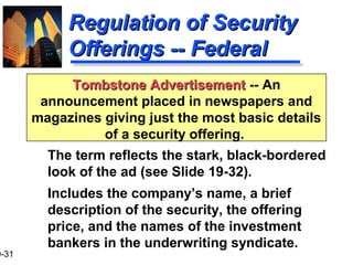 9-31
Regulation of SecurityRegulation of Security
Offerings -- FederalOfferings -- Federal
The term reflects the stark, black-bordered
look of the ad (see Slide 19-32).
Includes the company’s name, a brief
description of the security, the offering
price, and the names of the investment
bankers in the underwriting syndicate.
Tombstone AdvertisementTombstone Advertisement -- An
announcement placed in newspapers and
magazines giving just the most basic details
of a security offering.
 