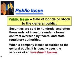 9-5
Public IssuePublic Issue
Securities are sold to hundreds, and often
thousands, of investors under a formal
contract overseen by federal and state
regulatory authorities.
When a company issues securities to the
general public, it is usually uses the
services of an investment bankerinvestment banker.
Public IssuePublic Issue -- Sale of bonds or stock
to the general public.
 