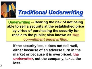 9-8
Traditional UnderwritingTraditional Underwriting
If the security issue does not sell well,
either because of an adverse turn in the
market or because it is overpriced, thethe
underwriterunderwriter, not the company, takes the
loss.
UnderwritingUnderwriting -- Bearing the risk of not being
able to sell a security at the established price
by virtue of purchasing the security for
resale to the public; also known as firmfirm
commitment underwritingcommitment underwriting.
 