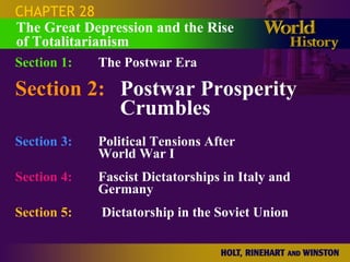 CHAPTER 28 Section 1: The Postwar Era Section 2: Postwar Prosperity  Crumbles Section 3: Political Tensions After  World War I Section 4:   Fascist Dictatorships in Italy and Germany Section 5:     Dictatorship in the Soviet Union The Great Depression and the Rise of Totalitarianism 