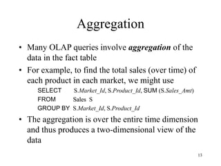 13
Aggregation
• Many OLAP queries involve aggregation of the
data in the fact table
• For example, to find the total sales (over time) of
each product in each market, we might use
SELECT S.Market_Id, S.Product_Id, SUM (S.Sales_Amt)
FROM Sales S
GROUP BY S.Market_Id, S.Product_Id
• The aggregation is over the entire time dimension
and thus produces a two-dimensional view of the
data
 