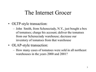 3
The Internet Grocer
• OLTP-style transaction:
– John Smith, from Schenectady, N.Y., just bought a box
of tomatoes; charge his account; deliver the tomatoes
from our Schenectady warehouse; decrease our
inventory of tomatoes from that warehouse
• OLAP-style transaction:
– How many cases of tomatoes were sold in all northeast
warehouses in the years 2000 and 2001?
 