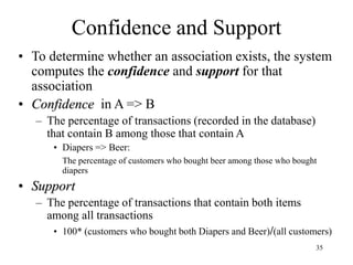 35
Confidence and Support
• To determine whether an association exists, the system
computes the confidence and support for that
association
• Confidence in A => B
– The percentage of transactions (recorded in the database)
that contain B among those that contain A
• Diapers => Beer:
The percentage of customers who bought beer among those who bought
diapers
• Support
– The percentage of transactions that contain both items
among all transactions
• 100* (customers who bought both Diapers and Beer)/(all customers)
 