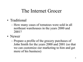 5
The Internet Grocer
• Traditional
– How many cases of tomatoes were sold in all
northeast warehouses in the years 2000 and
2001?
• Newer
– Prepare a profile of the grocery purchases of
John Smith for the years 2000 and 2001 (so that
we can customize our marketing to him and get
more of his business)
 