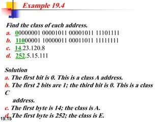 19.15
Find the class of each address.
a. 00000001 00001011 00001011 11101111
b. 11000001 10000011 00011011 11111111
c. 14.23.120.8
d. 252.5.15.111
Example 19.4
Solution
a. The first bit is 0. This is a class A address.
b. The first 2 bits are 1; the third bit is 0. This is a class
C
address.
c. The first byte is 14; the class is A.
d. The first byte is 252; the class is E.
 