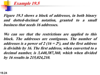 19.24
Figure 19.3 shows a block of addresses, in both binary
and dotted-decimal notation, granted to a small
business that needs 16 addresses.
We can see that the restrictions are applied to this
block. The addresses are contiguous. The number of
addresses is a power of 2 (16 = 24), and the first address
is divisible by 16. The first address, when converted to a
decimal number, is 3,440,387,360, which when divided
by 16 results in 215,024,210.
Example 19.5
 
