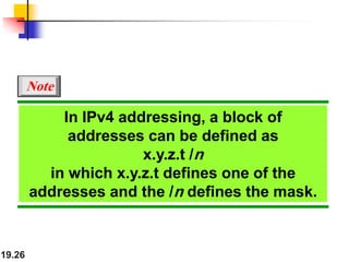 19.26
In IPv4 addressing, a block of
addresses can be defined as
x.y.z.t /n
in which x.y.z.t defines one of the
addresses and the /n defines the mask.
Note
 