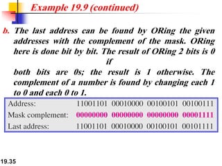 19.35
b. The last address can be found by ORing the given
addresses with the complement of the mask. ORing
here is done bit by bit. The result of ORing 2 bits is 0
if
both bits are 0s; the result is 1 otherwise. The
complement of a number is found by changing each 1
to 0 and each 0 to 1.
Example 19.9 (continued)
 