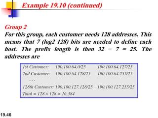 19.46
Example 19.10 (continued)
Group 2
For this group, each customer needs 128 addresses. This
means that 7 (log2 128) bits are needed to define each
host. The prefix length is then 32 − 7 = 25. The
addresses are
 