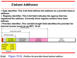 19.64 Figure 19.16 Prefixes for provider-based unicast address
Unicast Addresses
Type identifier. This 3-bit field defines the address as a provider-base.d
address.
 Registry identifier. This 5-bit field indicates the agency that has
registered the address. Currently three registry centers have been
defined.
Provider identifier. This variable-length field identifies the provider for
Internet access (such as an ISP). 16 bit
 