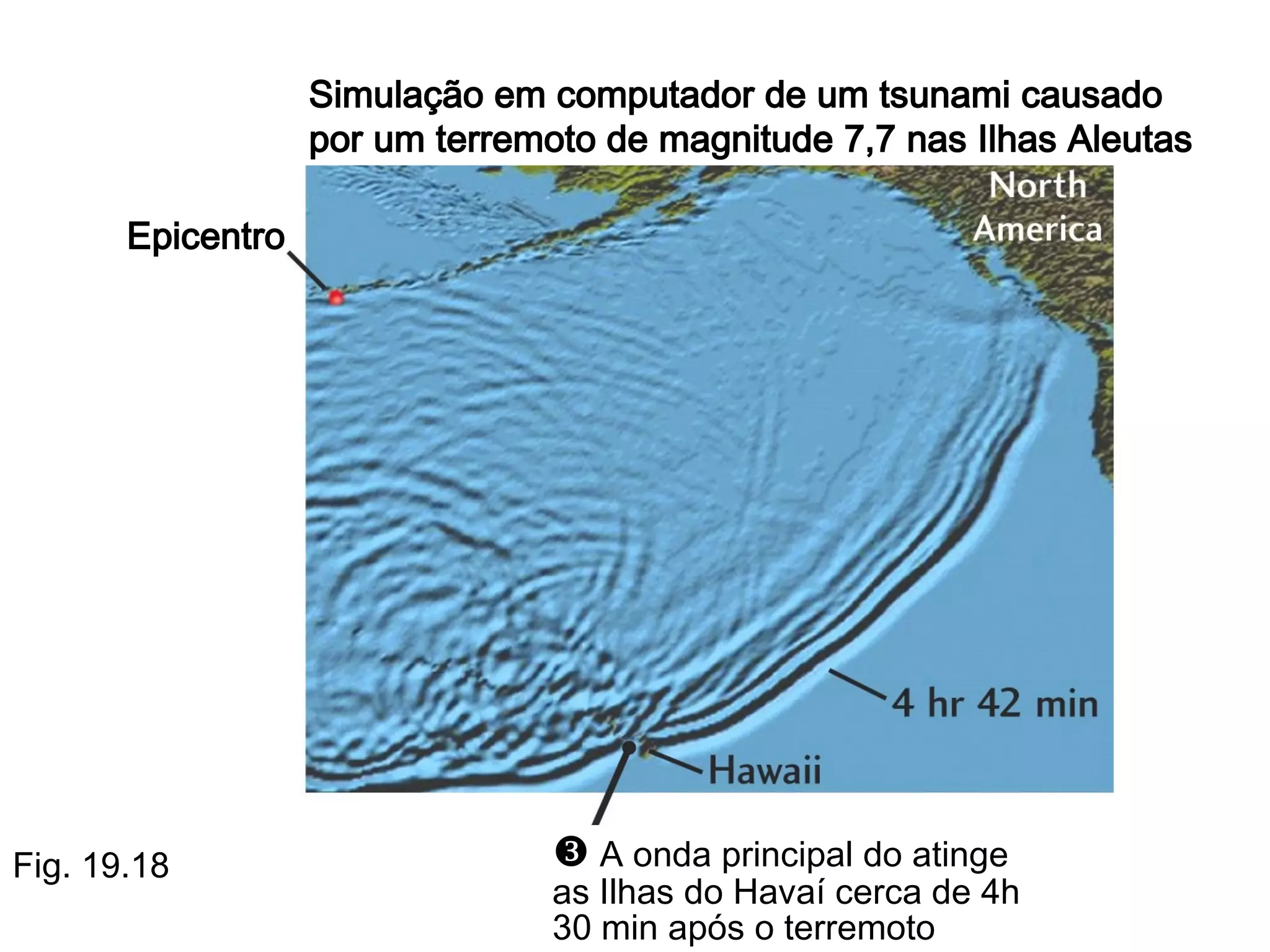 Simulação em computador de um tsunami causado
por um terremoto de magnitude 7,7 nas Ilhas Aleutas
Epicentro

Fig. 19.18

 A onda principal do atinge

as Ilhas do Havaí cerca de 4h
30 min após o terremoto

 