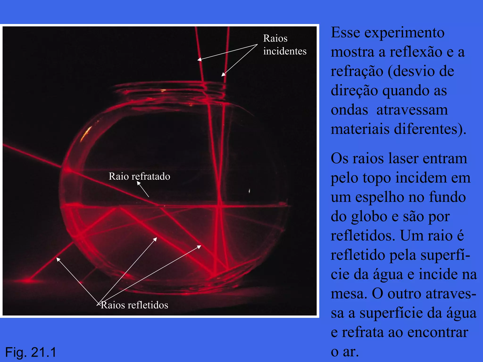 Raios
incidentes

Raio refratado

Raios refletidos

Fig. 21.1

Esse experimento
mostra a reflexão e a
refração (desvio de
direção quando as
ondas atravessam
materiais diferentes).
Os raios laser entram
pelo topo incidem em
um espelho no fundo
do globo e são por
refletidos. Um raio é
refletido pela superfície da água e incide na
mesa. O outro atravessa a superfície da água
e refrata ao encontrar
o ar.

 