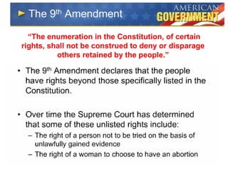 “The enumeration in the Constitution, of certain
rights, shall not be construed to deny or disparage
others retained by the people.”
 