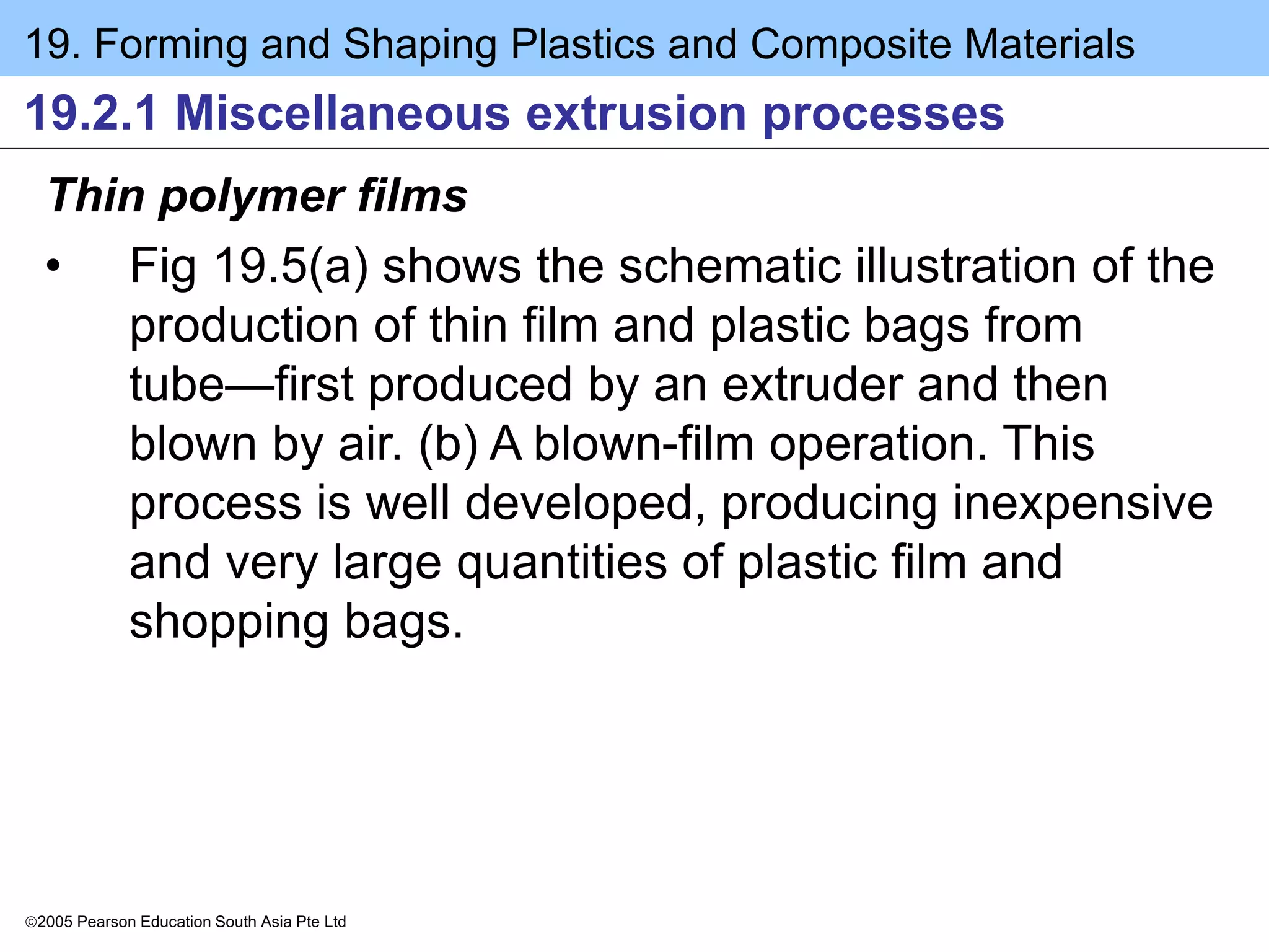 19. Forming and Shaping Plastics and Composite Materials
2005 Pearson Education South Asia Pte Ltd
19.2.1 Miscellaneous extrusion processes
Thin polymer films
• Fig 19.5(a) shows the schematic illustration of the
production of thin film and plastic bags from
tube—first produced by an extruder and then
blown by air. (b) A blown-film operation. This
process is well developed, producing inexpensive
and very large quantities of plastic film and
shopping bags.
 