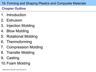 19. Forming and Shaping Plastics and Composite Materials
2005 Pearson Education South Asia Pte Ltd
Chapter Outline
1. Introduction
2. Extrusion
3. Injection Molding
4. Blow Molding
5. Rotational Molding
6. Thermoforming
7. Compression Molding
8. Transfer Molding
9. Casting
10.Foam Molding
 