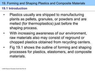 19. Forming and Shaping Plastics and Composite Materials
2005 Pearson Education South Asia Pte Ltd
19.1 Introduction
• Plastics usually are shipped to manufacturing
plants as pellets, granules, or powders and are
melted (for thermoplastics) just before the
shaping process.
• With increasing awareness of our environment,
raw materials also may consist of reground or
chopped plastics obtained from recycling centers.
• Fig 19.1 shows the outline of forming and shaping
processes for plastics, elastomers, and composite
materials.
 