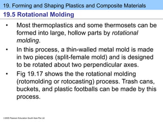 19. Forming and Shaping Plastics and Composite Materials
2005 Pearson Education South Asia Pte Ltd
19.5 Rotational Molding
• Most thermoplastics and some thermosets can be
formed into large, hollow parts by rotational
molding.
• In this process, a thin-walled metal mold is made
in two pieces (split-female mold) and is designed
to be rotated about two perpendicular axes.
• Fig 19.17 shows the the rotational molding
(rotomolding or rotocasting) process. Trash cans,
buckets, and plastic footballs can be made by this
process.
 