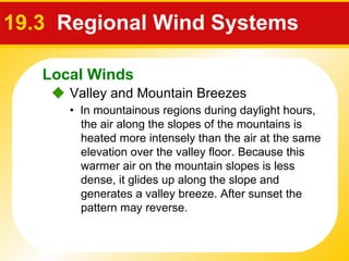 19.3  Regional Wind Systems  •  In mountainous regions during daylight hours, the air along the slopes of the mountains is heated more intensely than the air at the same elevation over the valley floor. Because this warmer air on the mountain slopes is less dense, it glides up along the slope and generates a valley breeze. After sunset the pattern may reverse.    Valley and Mountain Breezes Local Winds 