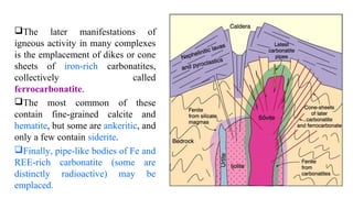 The later manifestations of
igneous activity in many complexes
is the emplacement of dikes or cone
sheets of iron-rich carbonatites,
collectively called
ferrocarbonatite.
The most common of these
contain fine-grained calcite and
hematite, but some are ankeritic, and
only a few contain siderite.
Finally, pipe-like bodies of Fe and
REE-rich carbonatite (some are
distinctly radioactive) may be
emplaced.
 